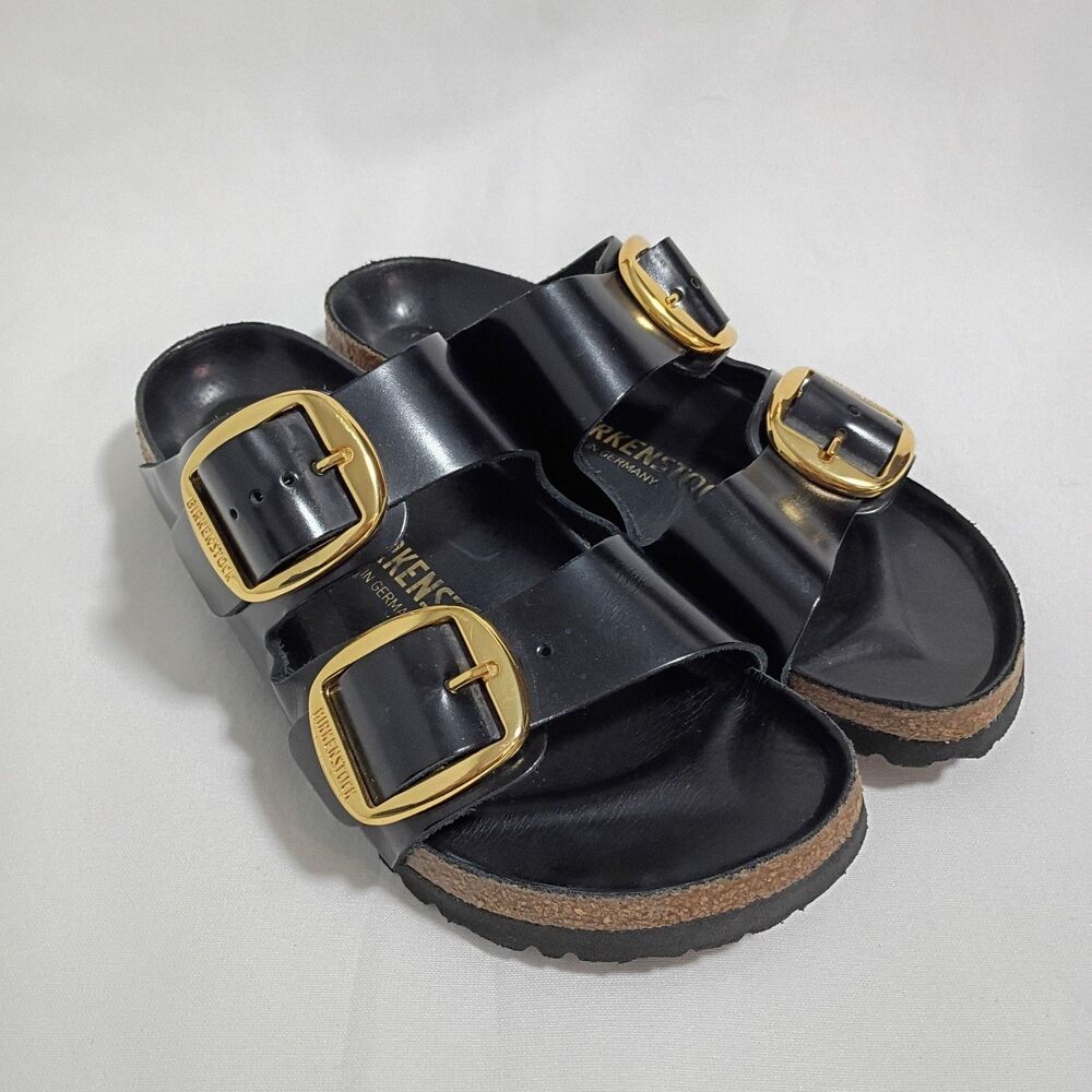 Birkenstock Arizona High-Shine Black Patent Leather Gold Big Buckle US 6 EU 37